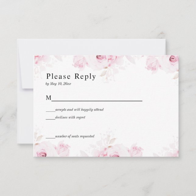 Pink Romantic Roses Elegant White RSVP Card (Front)