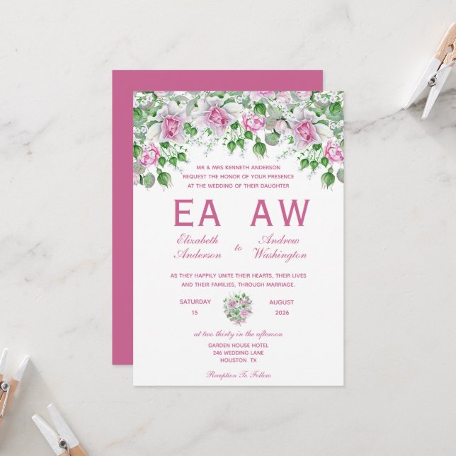 Pink Romantic Roses Wedding Invitation (Front/Back In Situ)