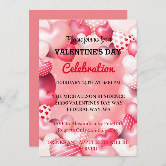 Pink Romantic Valentine's Day Love Party  hearts Invitation (Front/Back)