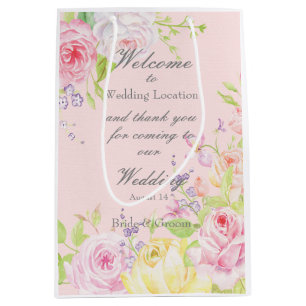 Pink Romantic Watercolor Roses Wedding Medium Gift Bag