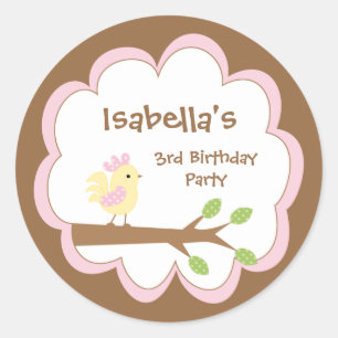 Pink rooster bird girl's birthday party sticker