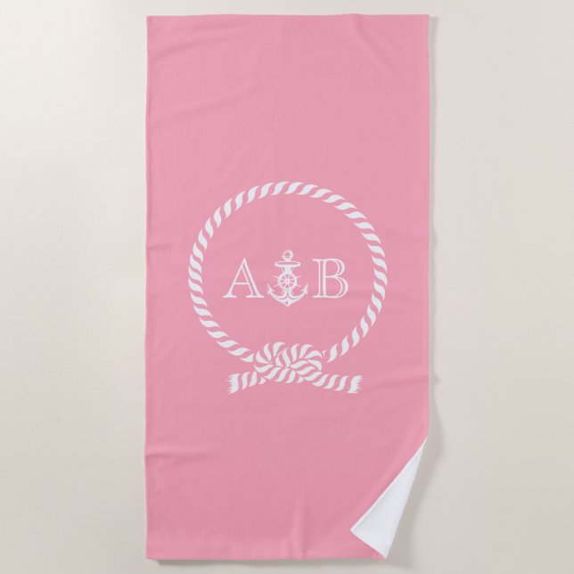 Pink Rope and Anchor Monogrammed Beach Towel (Front)