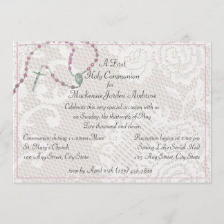 Pink Rosary and Lace Communion Invitation