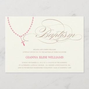 PINK ROSARY BEADS BAPTISM INVITATION