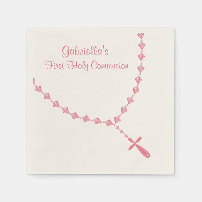 Pink Rosary Beads Communion Personalised Napkin (Front)