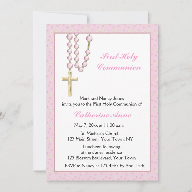 Pink Rosary Beads, Floral, Religious Invitation (Front)