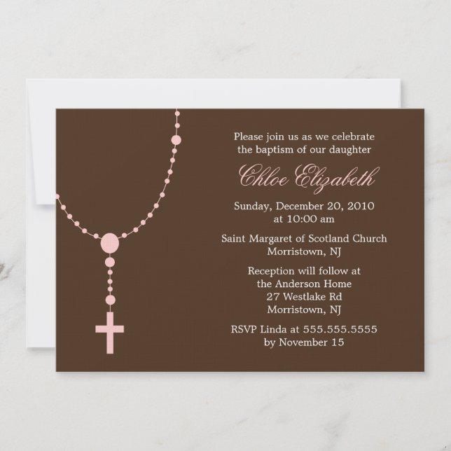 Pink Rosary Christening Invitation (Front)