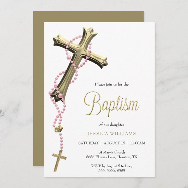 Pink Rosary Decorated Gold Cross Baptism Invitation (Front/Back)