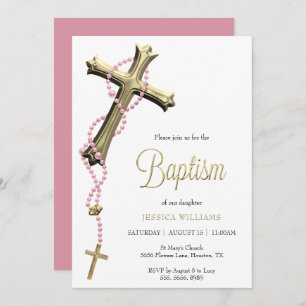 Pink Rosary Decorated Gold Cross Baptism Invitation