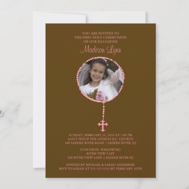 Pink Rosary Photo First Communion Inviation Invitation (Front)