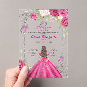 Pink Rose Acrylic Quinceañera Floral Sweet 15 Invitations