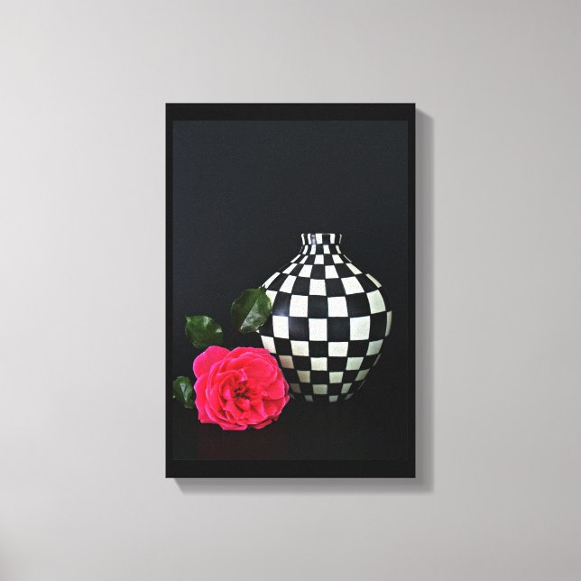Pink Rose and a Chequered Vase Canvas Print (Front)