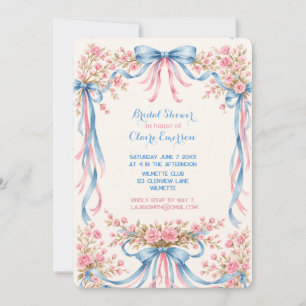 Pink Rose and blue bows vintage Invitation