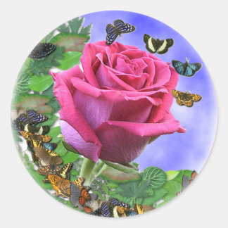 Pink Rose and Butterflies Classic Round Sticker