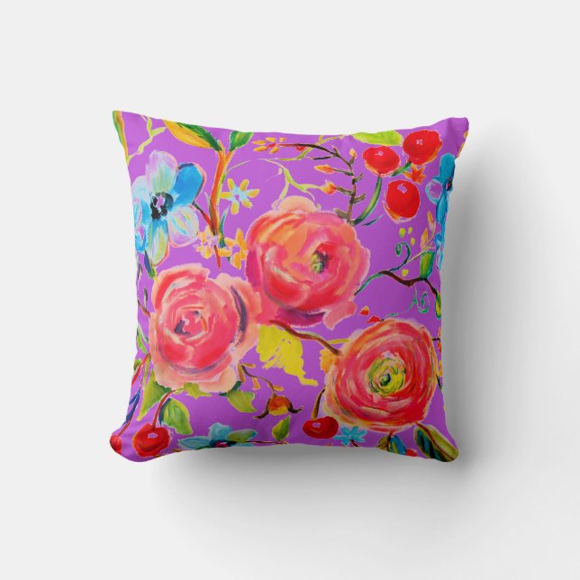 Pink Rose and Cherry Purple Customisable Cushion (Front)