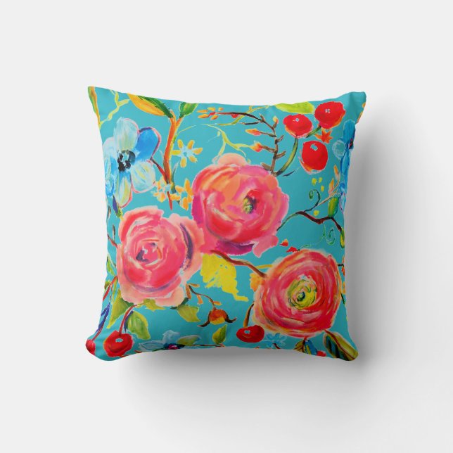 Pink Rose and Cherry Turquoise Customisable Cushion (Front)