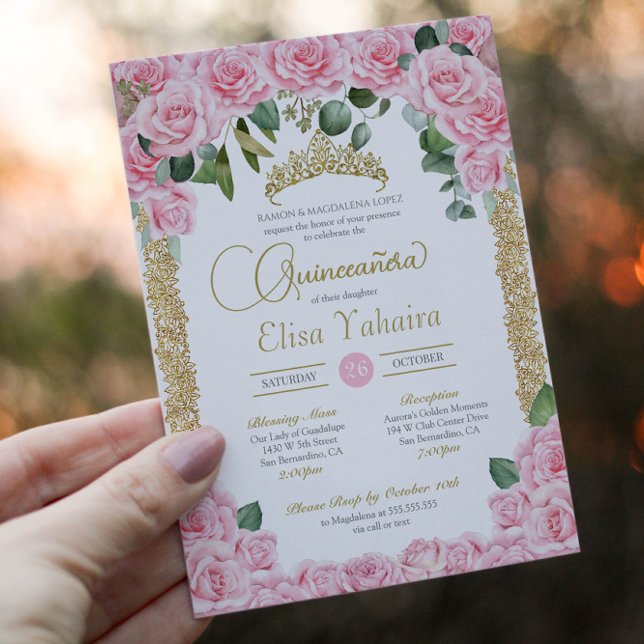 Pink Rose and Decorative Gold Elegant Quinceanera Invitation (Creator Uploaded)