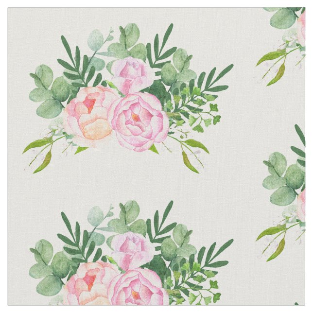 Pink Rose and Eucalyptus Bouquet Fabric (Close Up)