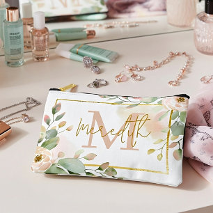 Pink rose and eucalyptus personalised accessory pouch
