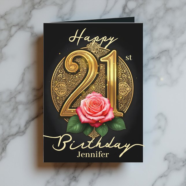 Pink Rose and Gold Filigree Number 21st Birthday Card (Creator Uploaded)