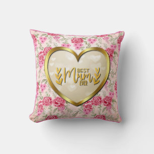 Pink Rose and Golden Heart Best Mum Ever Cushion