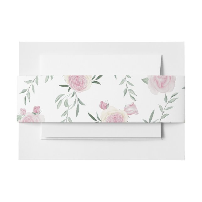Pink Rose and Greenery Pattern Invitation Belly Band (Front Example)