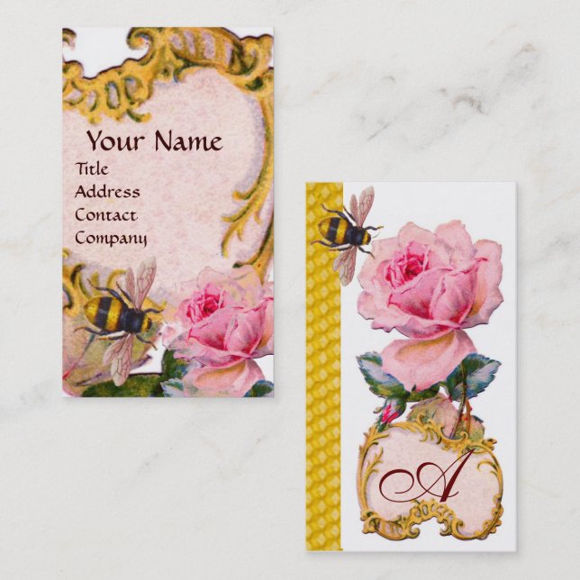 PINK ROSE AND HONEY BEE BEEKEEPER MONOGRAM BUSINESS CARD (Front/Back)