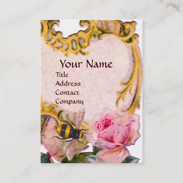 PINK ROSE AND HONEY BEE BEEKEEPER MONOGRAM BUSINESS CARD (Front)