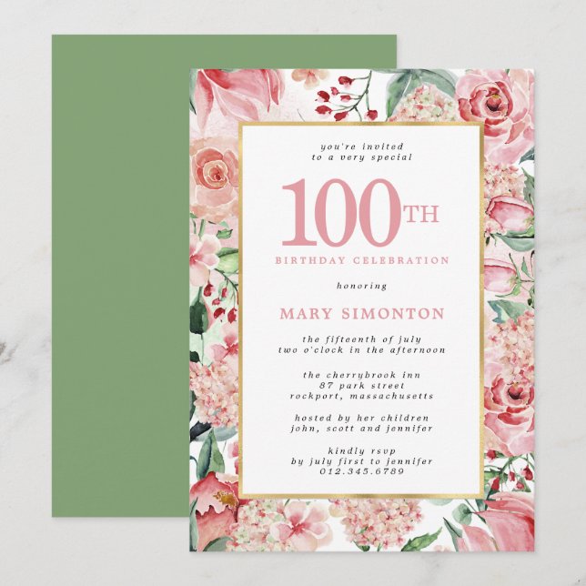 Pink Rose and Hydrangea Floral 100th Birthday Invitation (Front/Back)