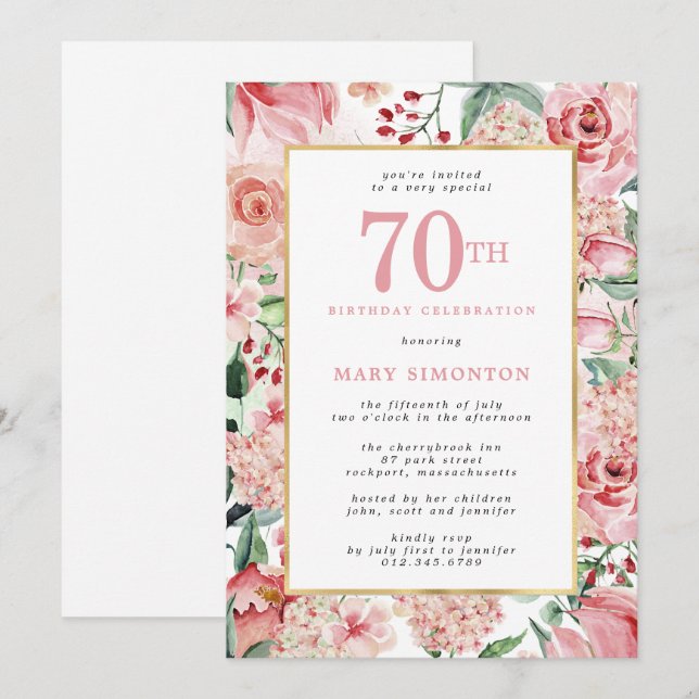 Pink Rose and Hydrangea Floral 70th Birthday Invitation (Front/Back)