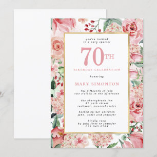 Pink Rose and Hydrangea Floral 70th Birthday Invitation
