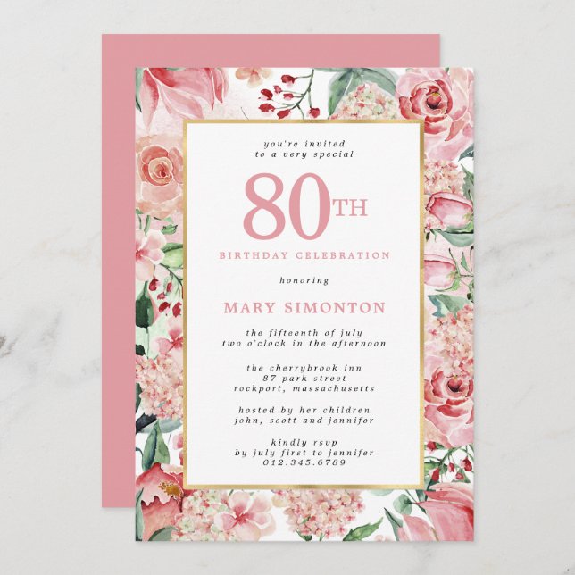 Pink Rose and Hydrangea Floral 80th Birthday Invitation (Front/Back)