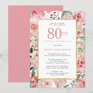 Pink Rose and Hydrangea Floral 80th Birthday Invitation