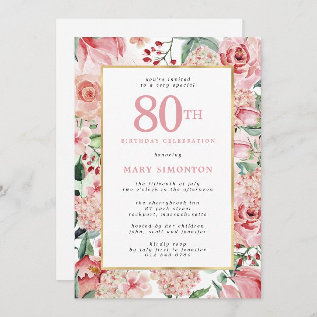 Pink Rose and Hydrangea Floral 80th Birthday Invitation (Front/Back)
