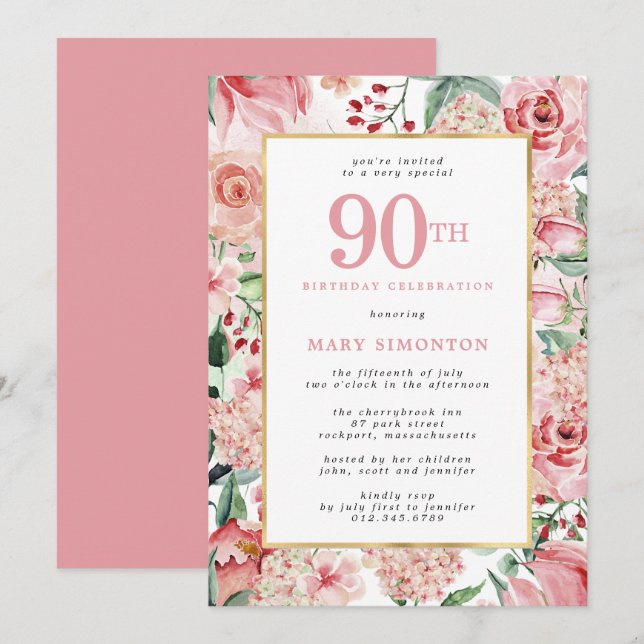 Pink Rose and Hydrangea Floral 90th Birthday Invitation (Front/Back)