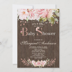 Pink Rose and Lights Wood Baby Shower Invitation
