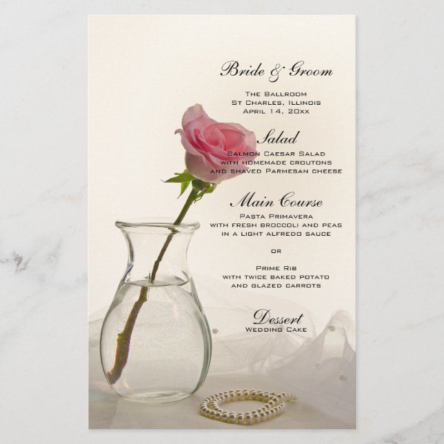 Pink Rose and White Pearls Wedding Menu (Front)