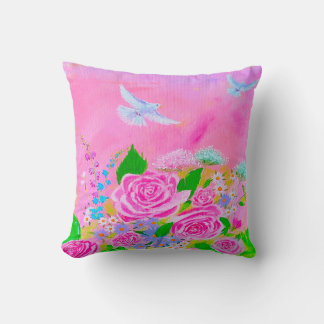 Pink rose and white pigeon pillow design 
