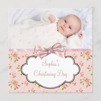 Pink Rose Baby Girl Photo Christening Invitation