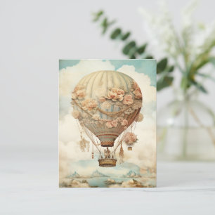 Pink Rose Balloon Pastel Teal Victorian Fairy Tale Postcard