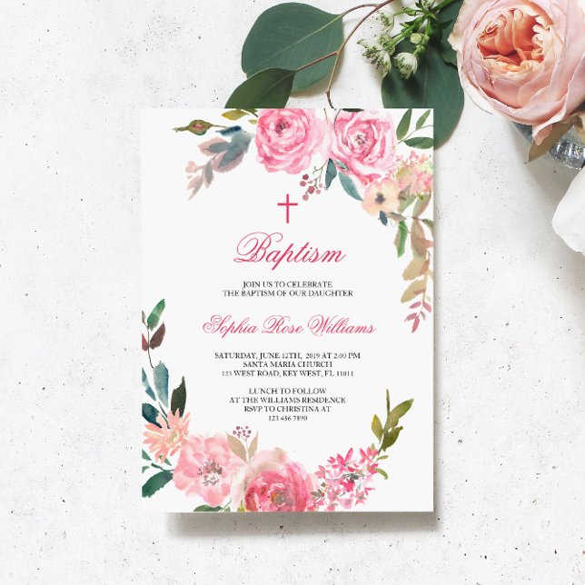 Pink Rose Baptism Invitation (Creator Uploaded)