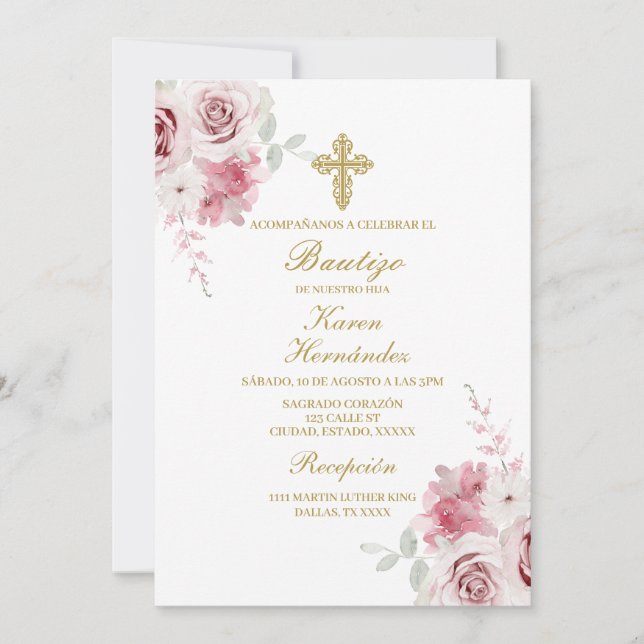 Pink rose Baptism Spanish Invitation (Front)