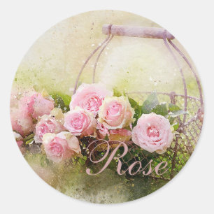 Pink Rose Basket Classic Round Sticker