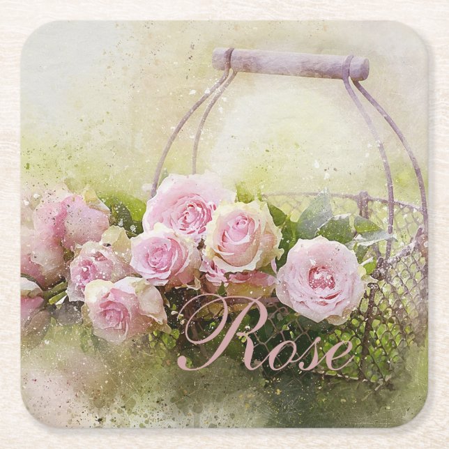Pink Rose Basket Square Paper Coaster (Front)
