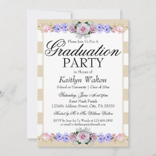Pink Rose Beige Stripe Graduation Party Invitation
