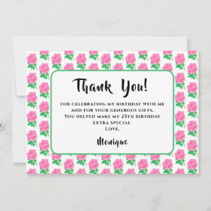 Pink Rose Birthday Thank You Card