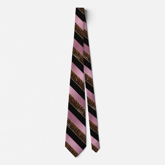 Pink Rose, Black and Leopard Stripe Pattern Design Tie (Front)