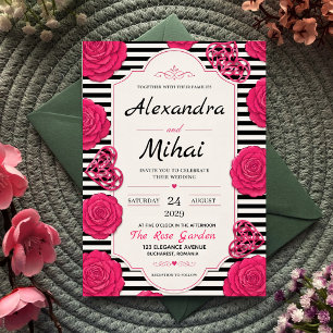 Pink Rose Black and White Stripe Floral  Invitation