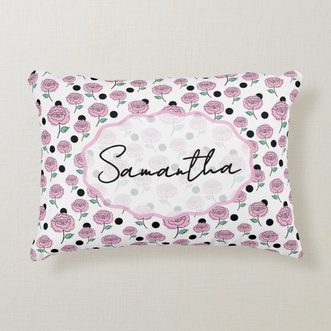 Pink Rose Black Polka Dot Graphic Pattern Modern   Decorative Cushion (Front)