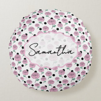 Pink Rose Black Polka Dot Graphic Pattern Modern   Round Cushion